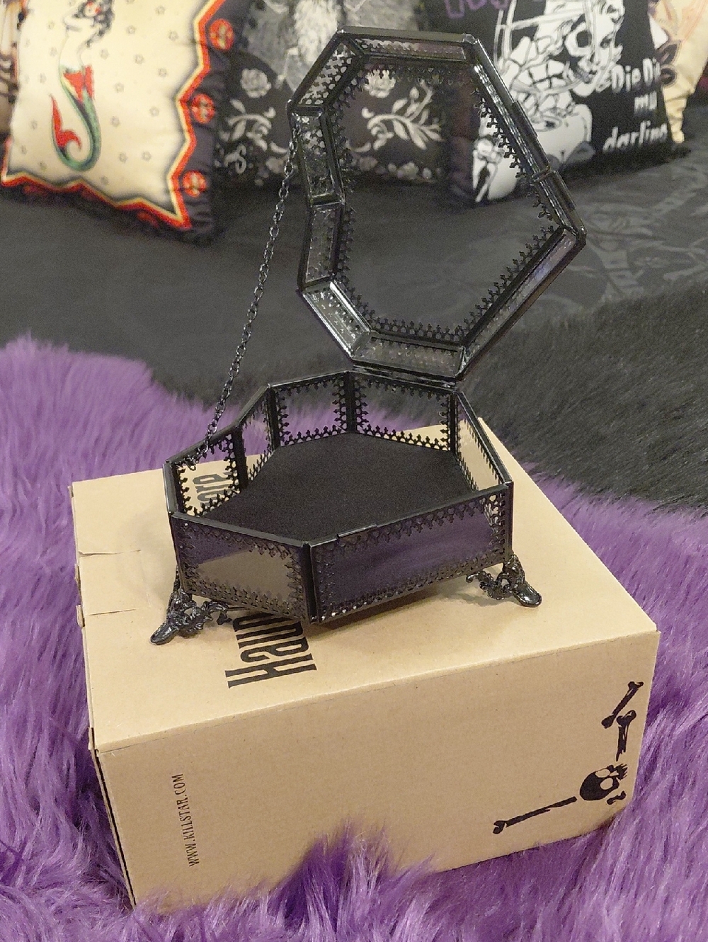 KILLSTAR HAUNTED HOMEWARE Octagonal Glass Jewelry Box - Black METAL